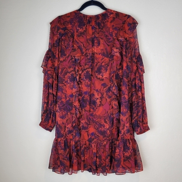 NEW Cinq a Sept Livie Floral Tiered Ruffle Chiffon Dress Dark Red Size 4 - Picture 4 of 13